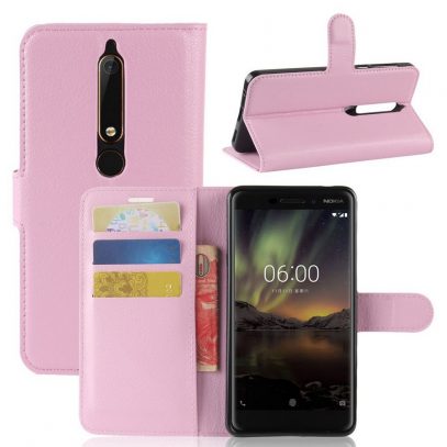 Nokia 6 (2018) Suojakotelo Vaaleanpunainen Lompakko